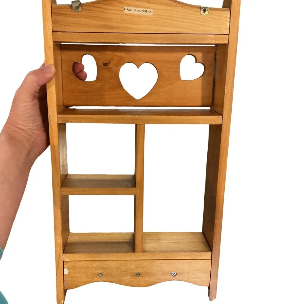 Vintage Wood Heart Cutout Wall Shelf 3 Pegs Country Cottagecore Organizer 17.5in